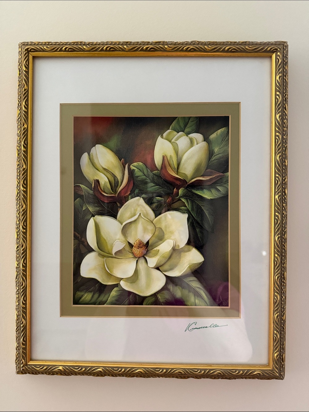 Framed Magnolia Floral Wall Art in Cream and Green